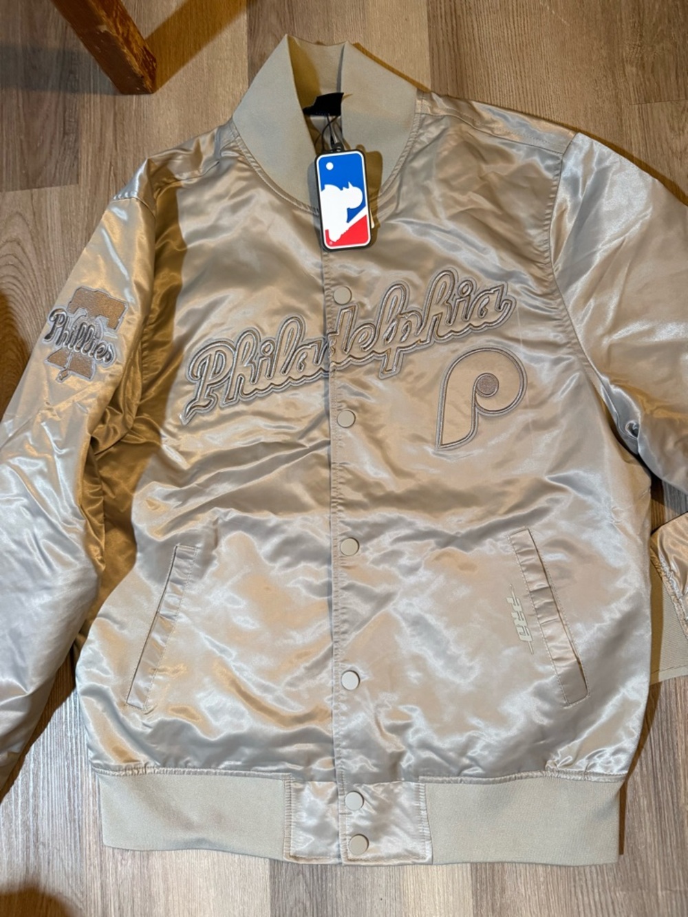 Philadelphia Phillies Satin Varsity Bomber Jacket - Beige
